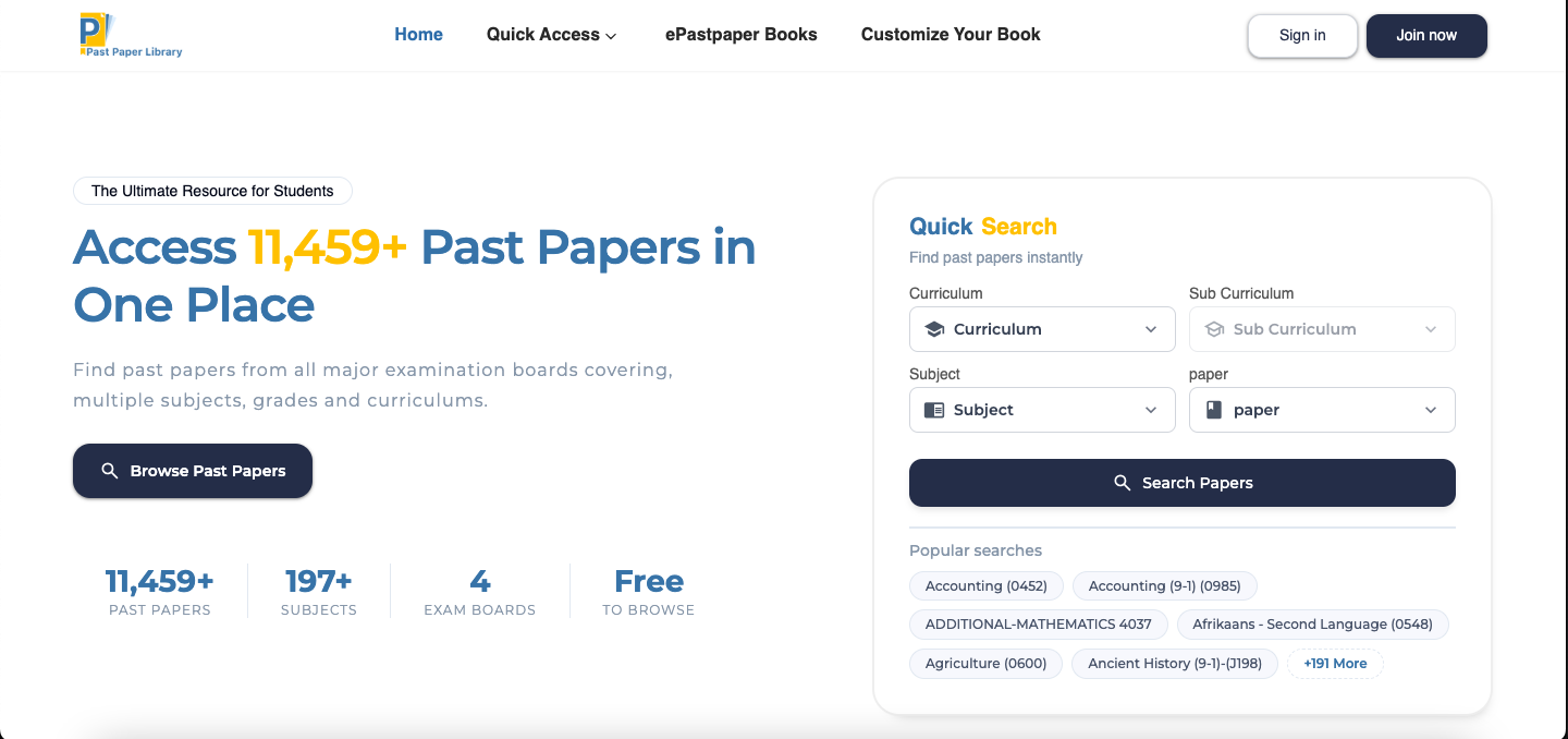 Past Paper Library website built by MindForge Technologies